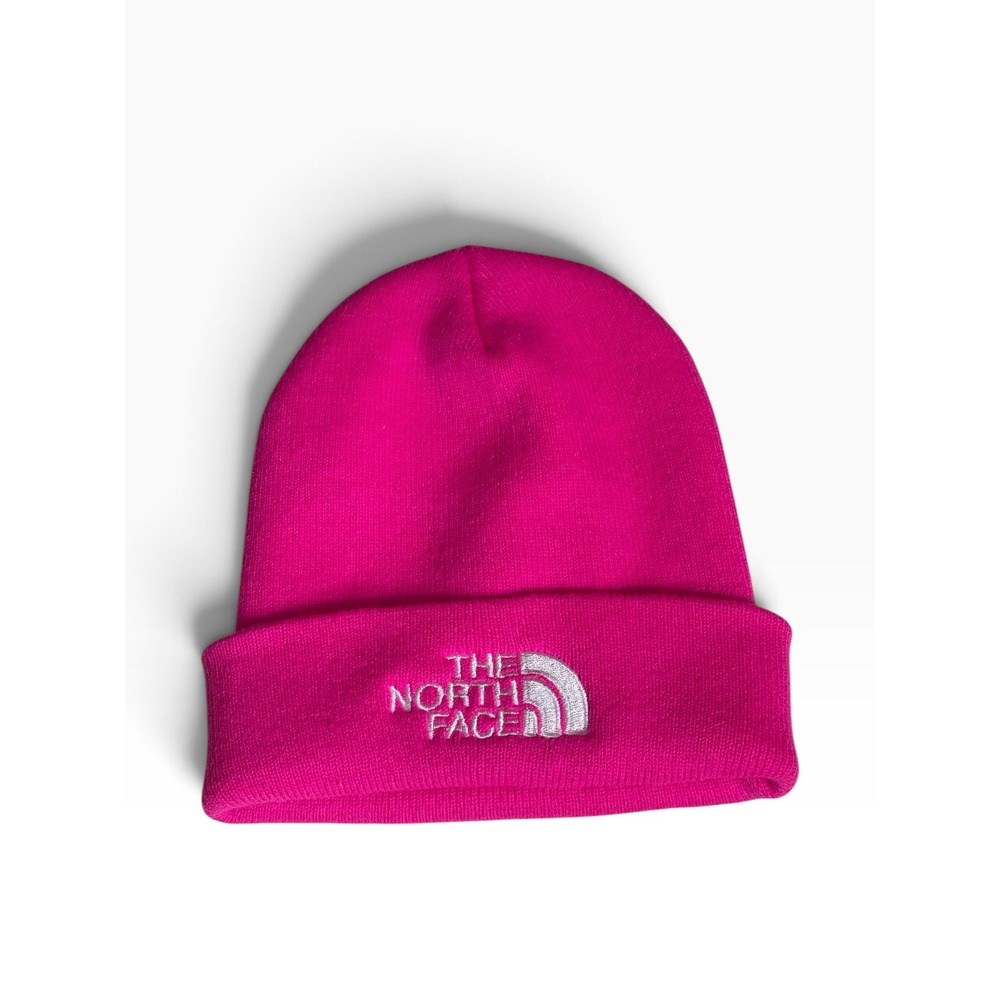 The North Face Kids Pink Knit Beanie Hat Embroidered Logo Cuffed Winter Cap